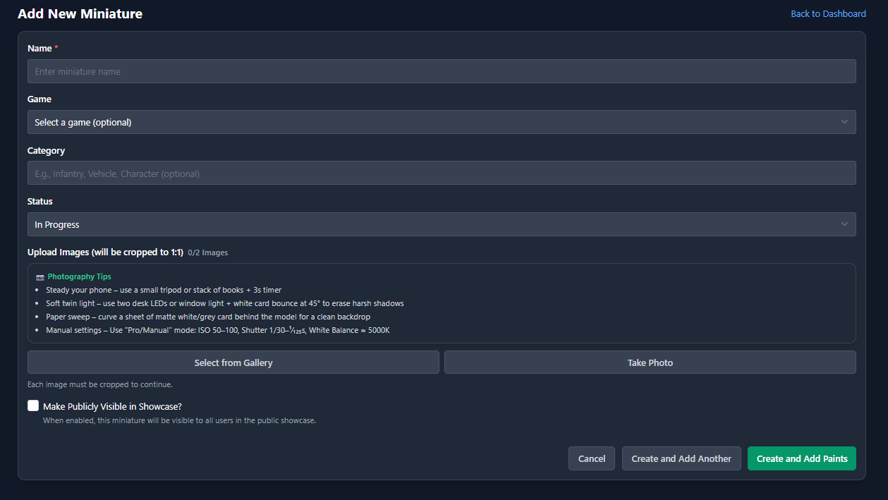 Add New Miniature form