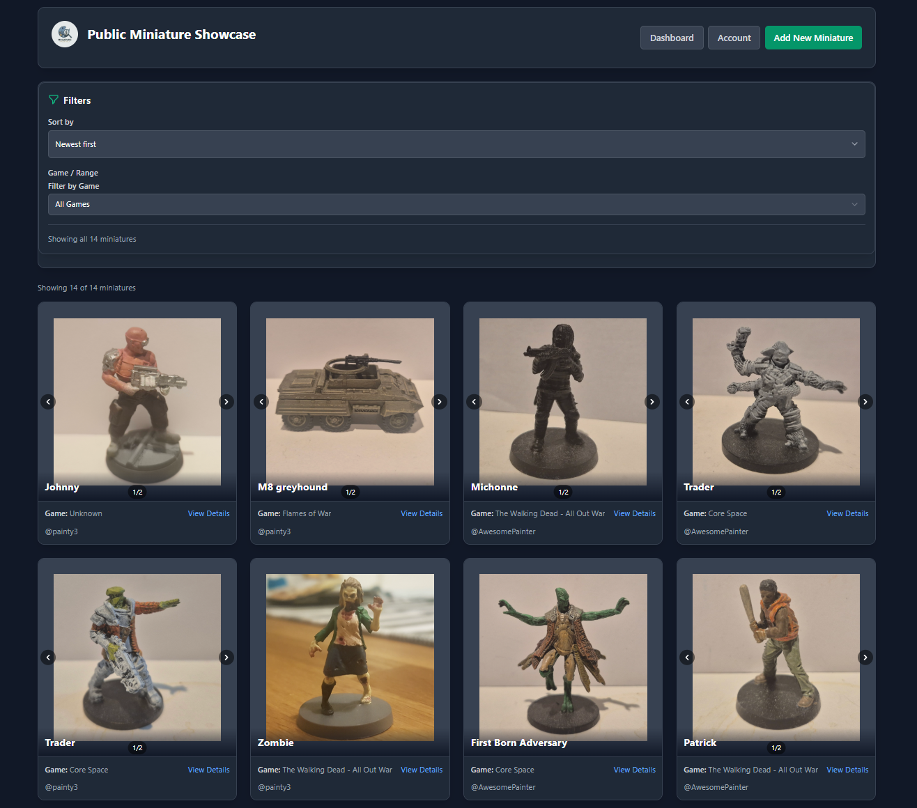 Screenshot of Miniature Portal dashboard